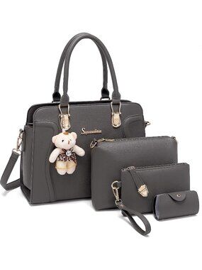Women's Dark Grey 4Pc Handbag Set Tote Shoulder Satchel Purse with Bear Charm